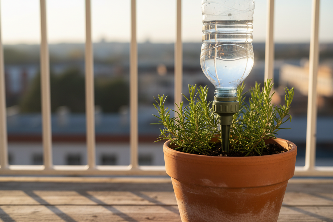 Adjustable drip valve plant waterer spike inserted in herb pot on sunny balcony