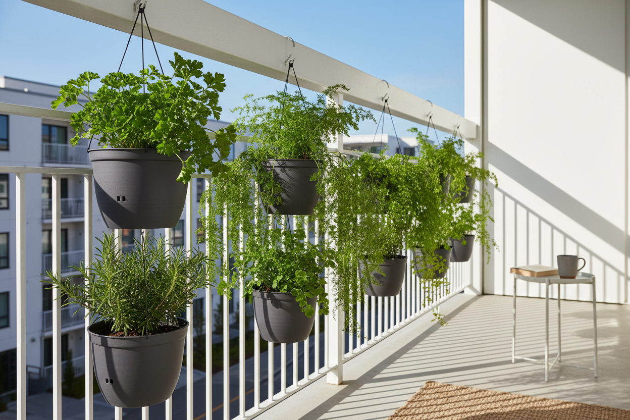 Self-watering hanging planters on a sunny balcony