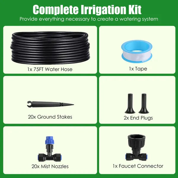 75FT Drip Irrigation System Kit for Garden – Complete Automatic Watering System with Adjustable Misting Nozzles for Lawn, Greenhouse & Flower Beds
