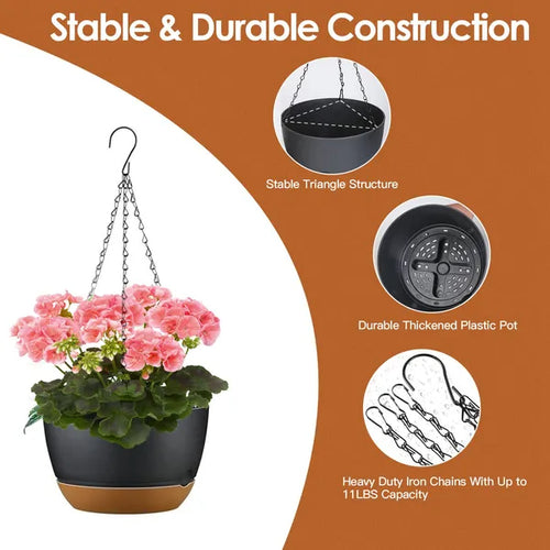 4PCS Self-Watering Hanging Planters with Drainage & Removable Tray – 9.6” Indoor & Outdoor Hanging Plant Pots for Herbs, Ferns & Flowers