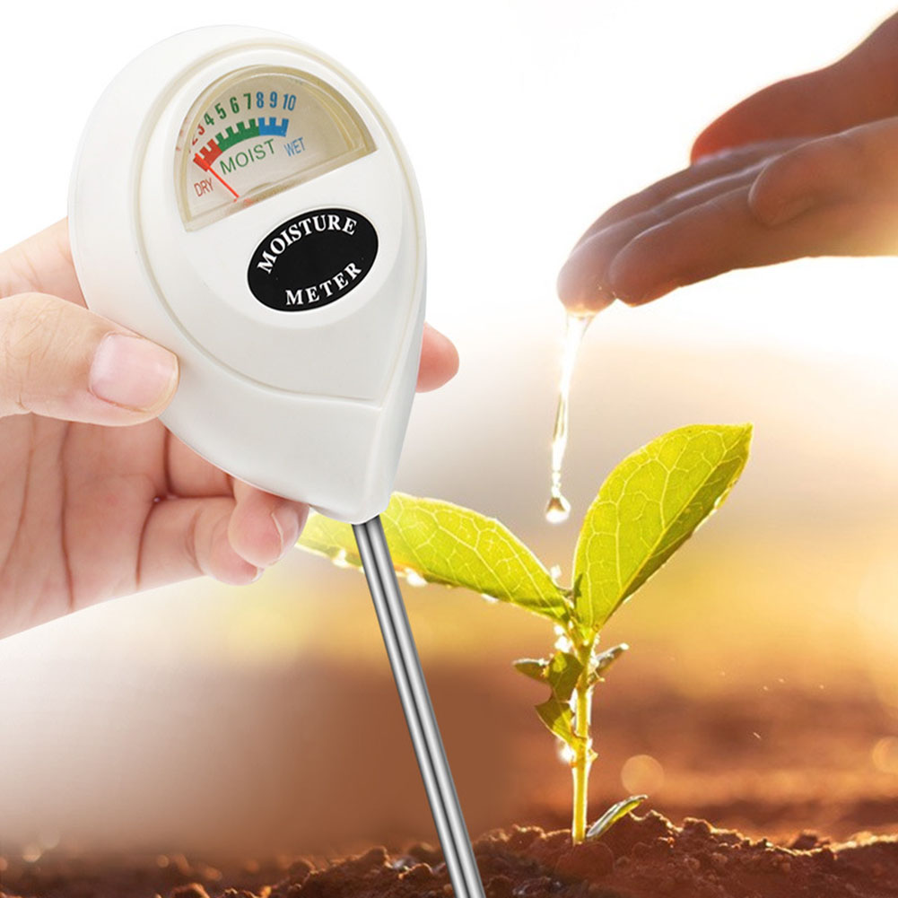 3-in-1 soil moisture meter inserted into potted plant soil to test moisture, light, and pH levels