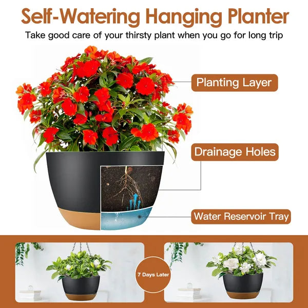 4PCS Self-Watering Hanging Planters with Drainage & Removable Tray – 9.6” Indoor & Outdoor Hanging Plant Pots for Herbs, Ferns & Flowers