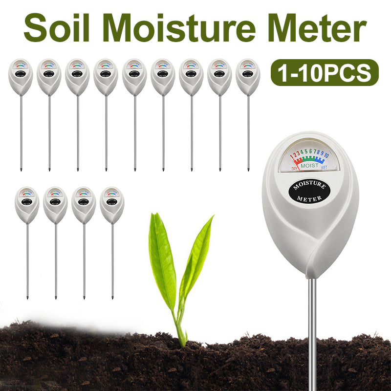 Soil tester probe inserted into garden soil outdoors to measure moisture and pH levels