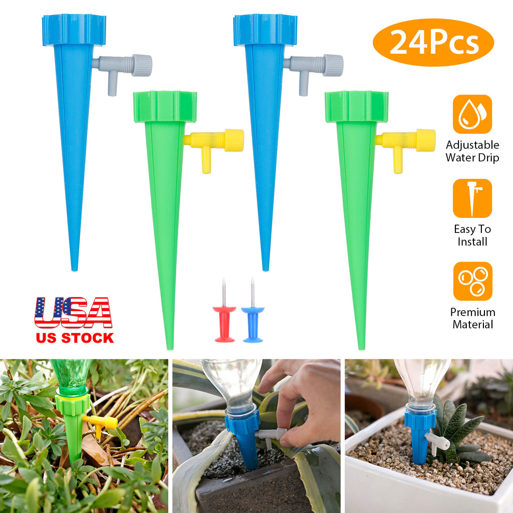 Automatic plant watering spike with adjustable drip valve connected to a plastic bottle
