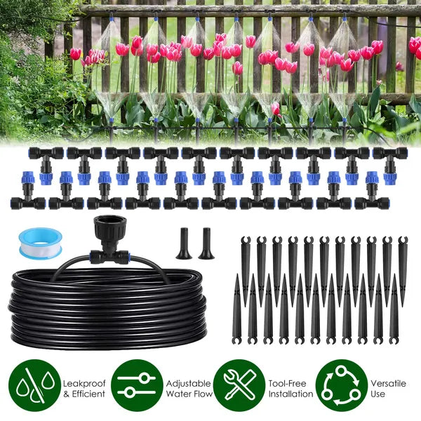 75FT Drip Irrigation System Kit for Garden – Complete Automatic Watering System with Adjustable Misting Nozzles for Lawn, Greenhouse & Flower Beds