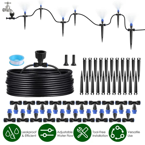 75FT Drip Irrigation System Kit for Garden – Complete Automatic Watering System with Adjustable Misting Nozzles for Lawn, Greenhouse & Flower Beds