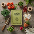Backyard survival gardening guide flat lay with fresh vegetables, herbs, and gardening tools on a rustic wooden surface